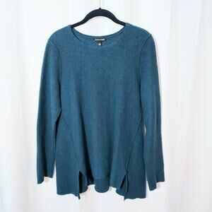 Eileen Fisher Sweater 100% Wool High Low Hem Teal Blue VIsible Seam Detail Sz XS